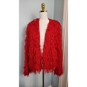 SHEIN Red Shaggy Fringe Knit Cardigan Sweater Jacket Women's Size L